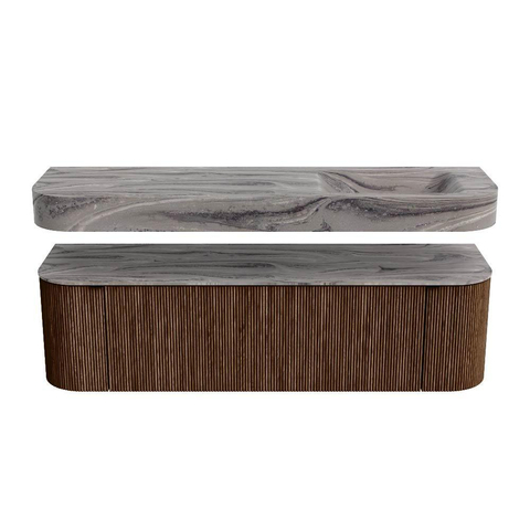 MONDIAZ THOR-DLUX 160cm badmeubel ronding links + rechts kleur Walnut met 1 lade en 2 deuren. Vrijhangende wastafel CLOUD Rechts zonder kraangat kleur Sombra. SW1465412