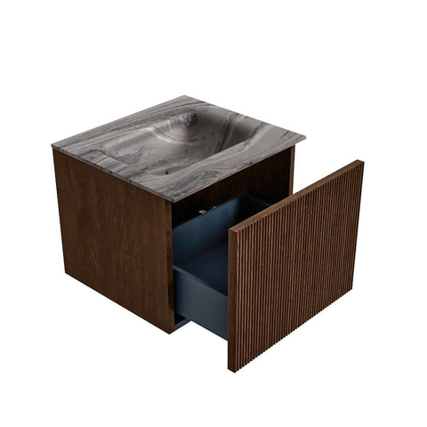 MONDIAZ KURVE-DLUX 50cm badmeubel kleur Walnut met 1 lade en 0 deuren. Wastafel GRUNNE Midden zonder kraangat Sombra. SW1433622