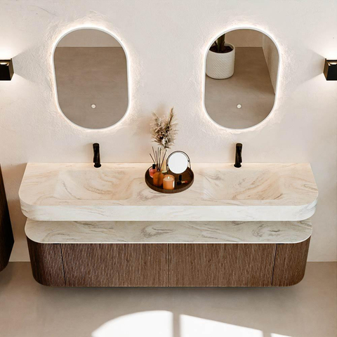 MONDIAZ THOR-DLUX Meuble de salle de bains - 190cm - arrondi gauche + droite - couleur Walnut - 2 tiroirs et 2 portes - Vasque suspendue CLOUD Double 2 trous de robinet - couleur Ostra SW1466458