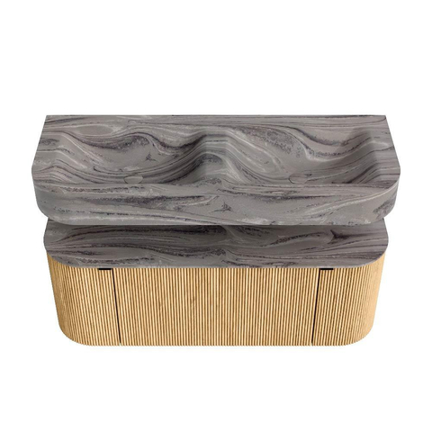 MONDIAZ THOR-DLUX 120cm badmeubel ronding links + rechts kleur Oak met 1 lade en 2 deuren. Vrijhangende wastafel CLOUD Dubbel 2 kraangaten kleur Sombra. SW1463640