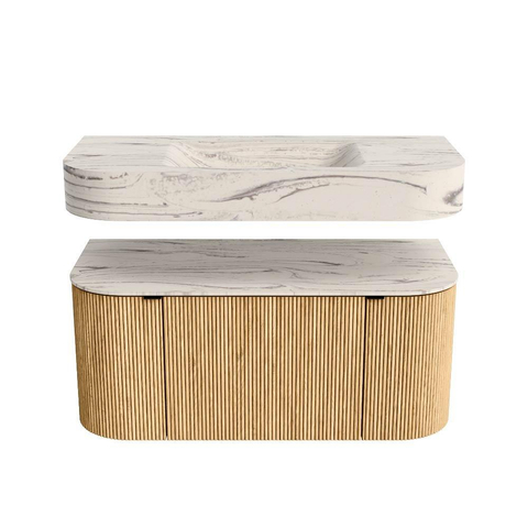 MONDIAZ THOR-DLUX Meuble de salle de bains - 100cm - arrondi gauche + droite - couleur Oak - 1 tiroir - 2 portes - Vasque suspendue CLOUD Milieu 1 trou de robinet - couleur Nata SW1467497