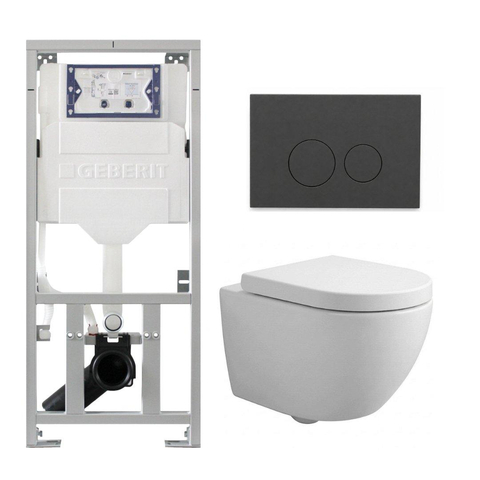 QeramiQ Dely Swirl Compact Toiletset - inbouwreservoir Geberit UP320 - met Burda frame - 25mm zitting - kunststof bedieningsplaat mat antraciet - ronde knoppen - glans wit SW1592336