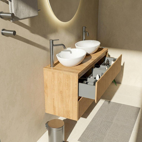Saniclass Holz Atelier Badkamermeubelset - 120x45x63cm - Noche basalten wastafelblad gepolijst (zwart) - 2 kraangaten - 4 lades - mat eiken natural (hout) SW1478579