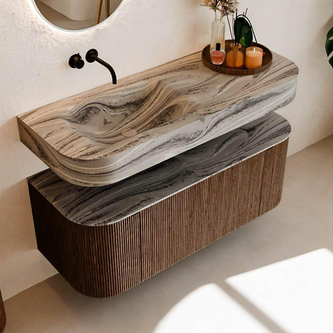 MONDIAZ THOR-DLUX 120cm meuble de salle de bains arrondi gauche + droite couleur Walnut avec 1 tiroir et 2 portes. Vasque suspendue CLOUD Gauche sans trou de robinet couleur Sombra. SW1463674