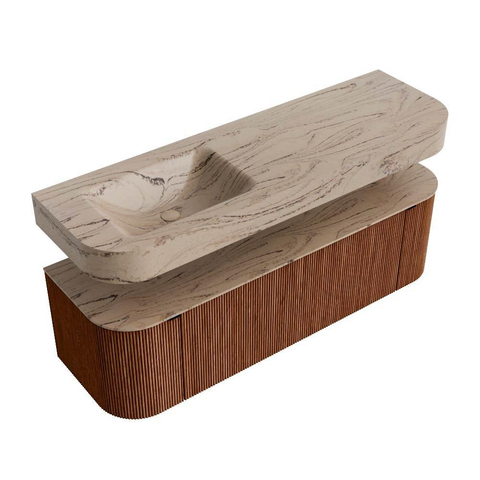 MONDIAZ THOR-DLUX 150cm meuble de salle de bains arrondi gauche + droite couleur Ruby avec 1 tiroir et 2 portes. Vasque suspendue CLOUD Gauche sans trou de robinet couleur Arena. SW1464747
