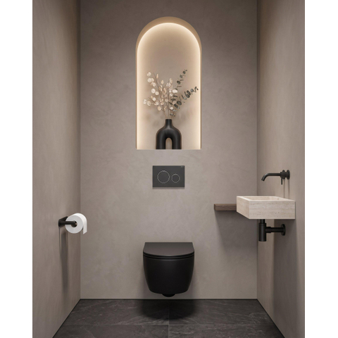 QeramiQ Dely Swirl Ensemble WC - 36.3x51.7cm - réservoir encastré Geberit UP320 - avec cadre Burda - abattant 35mm - plaque de commande anthracite mat - boutons ronds - noir mat SW1164776