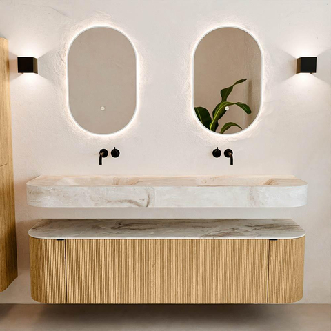 MONDIAZ THOR-DLUX 170cm meuble de salle de bains arrondi gauche + droite couleur Oak avec 1 tiroir et 2 portes. Vasque suspendue CLOUD Double sans trou de robinet couleur Frappe. SW1465435