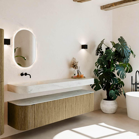 MONDIAZ THOR-DLUX 190cm meuble de salle de bains arrondi gauche + droite couleur Dusk avec 2 tiroirs et 2 portes. Vasque suspendue CLOUD Gauche sans trou de robinet couleur Opalo. SW1466466