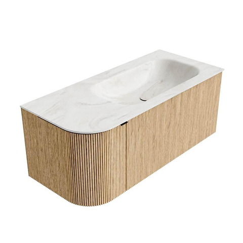 MONDIAZ KURVE-DLUX meuble de salle de bains 105 cm avec module 25 L couleur Oak avec 1 tiroir et 1 porte. Plan-vasque BIG SMALL à droite sans trou de robinetterie couleur Ostra. SW1137740