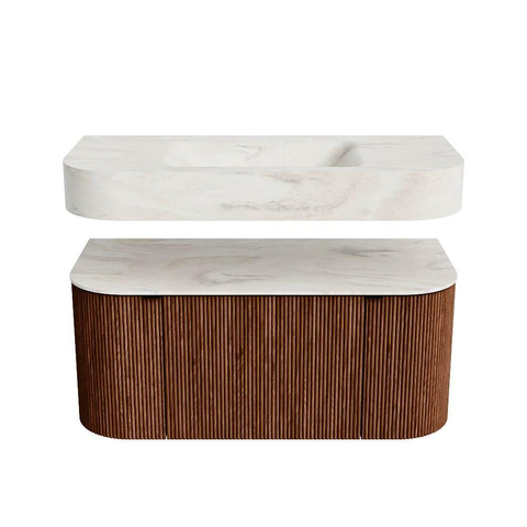 MONDIAZ THOR-DLUX 100cm meuble de salle de bains arrondi gauche + droite couleur Ruby avec 1 tiroir et 2 portes. Vasque suspendue CLOUD Centre sans trou de robinet couleur Ostra. SW1467432