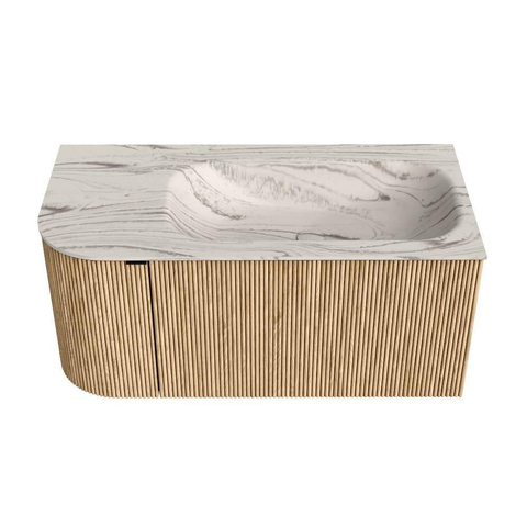 MONDIAZ KURVE-DLUX 95cm badmeubel ronding Links kleur Oak met 1 lade en 1 deur. Wastafel BIG SMALL Rechts zonder kraangat Nata. SW1432082