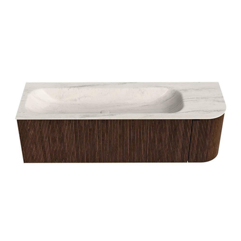 MONDIAZ KURVE-DLUX 145cm badmeubel ronding Rechts kleur Walnut met 1 lade en 1 deur. Wastafel BIG LARGE Links 2 kraangaten Meli. SW1431724
