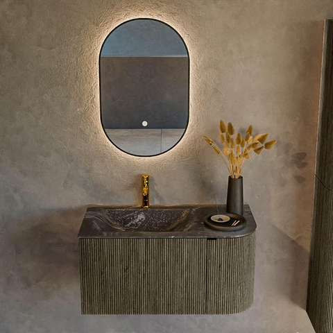 Mondiaz KURVE-DLUX Ensemble de meubles de salle de bains - 85x46x40cm - 1 tiroir - 1 porte - lavabo solid surface - gauche - 1 trou de robinet - Shadow SW1414626