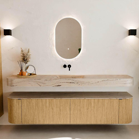 MONDIAZ THOR-DLUX Meuble de salle de bains - 200cm - arrondi gauche + droite - couleur Oak - 2 tiroirs et 2 portes - Vasque suspendue CLOUD Milieu sans trou de robinet - couleur Arena SW1467056