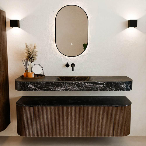 MONDIAZ THOR-DLUX 150cm badmeubel ronding links + rechts kleur Walnut met 1 lade en 2 deuren. Vrijhangende wastafel CLOUD Midden zonder kraangat kleur Lava. SW1464669