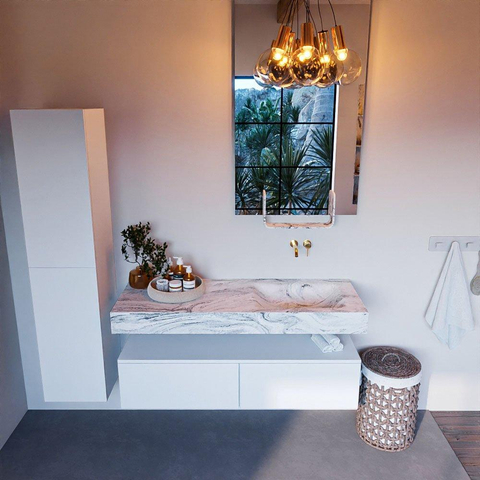 Mondiaz ALAN-DLUX Ensemble de meuble - 130cm - meuble Talc mat - 2 tiroirs - Lavabo Cloud Glace suspendu - vasque Droite - 0 trous de robinet SW805463