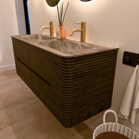 Mondiaz CIRO-DLUX Badkamermeubelset - 130x45x50cm - Solid surface wastafel Sombra - 2 wasbak Dubbel - 2 kraangaten - 4 lades - Shadow SW1532758