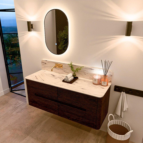 Mondiaz CIRO-DLUX Ensemble de meubles de salle de bains - 130x45x50cm - Plan-vasque solid surface Nata - 1 bassin à gauche - sans trous de robinet - 4 tiroirs - Noyer SW1530556
