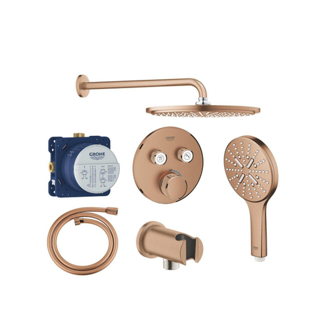 Grohe Grohtherm regendoucheset inbouw - hoofddouche rond - handdouche rond - gebogen wandarm - brushed warm sunset (koper) SW1235166