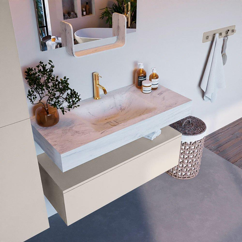 MONDIAZ ALAN - DLUX Ensemble meuble de salle de bains - 100cm - meuble bas - Linen - 1 tiroir - lavabo suspendu - vasque au centre - 1 trou de robinet - Opalo SW806443