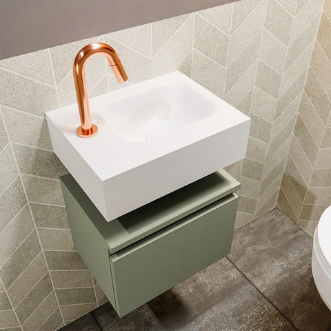 MONDIAZ ANDOR Toiletmeubel - 40x30x30cm - 1 kraangat - 1 lades - army mat - wasbak rechts - Solid surface - Wit SW474047
