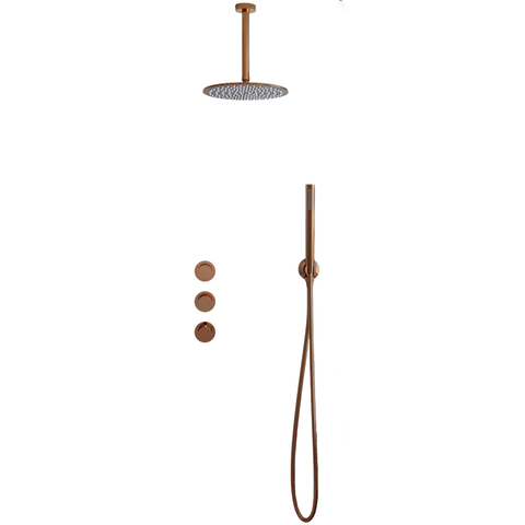 Fortifura Nebbio Regendoucheset - inbouwkraan - inbouwdeel - wandaansluitbocht- - doucheslang metaal - staafhanddouche - 20cm plafondarm - ronde hoofddouche - PVD - geborsteld koper SW1447169