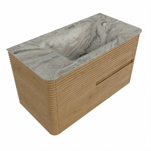 Mondiaz CIRO-DLUX Meuble de salle de bains - 90x45x50cm - Plan vasque en solid surface Glace - 1 lavabo central - 1 trou de robinet - 2 tiroirs - Chêne SW1530824