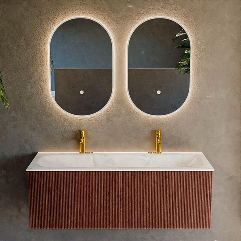 Mondiaz KURVE-DLUX Ensemble de meuble de salle de bains - 120x46x40cm - 1 tiroir - lavabo solid surface - au centre - 2 trous de robinet - Ruby SW1415868