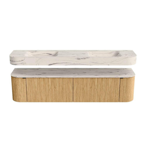 MONDIAZ THOR-DLUX 190cm meuble de salle de bains arrondi gauche + droite couleur Oak avec 2 tiroirs et 2 portes. Vasque suspendue CLOUD Double sans trou de robinet couleur Nata. SW1466748