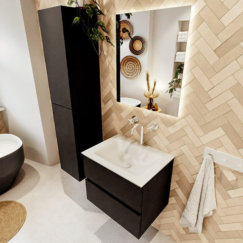 MONDIAZ VICA Meuble de salle de bains 60cm sous-vasque Urban 2 tiroirs. Lavabo CLOUD central 1 trou de robinet, couleur Talc. SW1381809