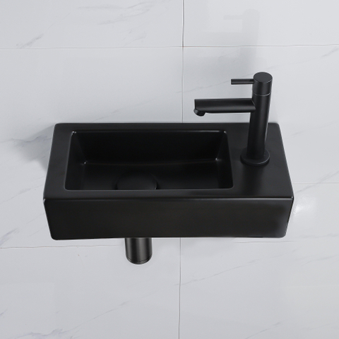 QeramiQ Fuente fonteinset – 37.5x18.5x9 cm – keramiek zwart mat – kraangat rechts – mat zwarte kraan SW1232732