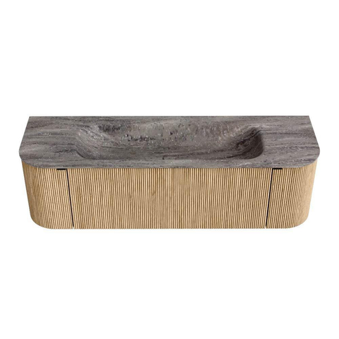 MONDIAZ KURVE-DLUX 150cm badmeubel ronding Links + Rechts kleur Oak met 1 lade en 2 deuren. Wastafel BIG MEDIUM Midden 1 kraangat Oza. SW1432643