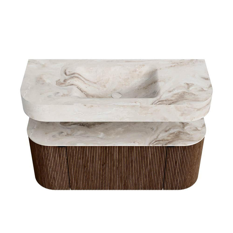 MONDIAZ THOR-DLUX 110cm badmeubel ronding links + rechts kleur Walnut met 1 lade en 2 deuren. Vrijhangende wastafel CLOUD Midden zonder kraangat kleur Frappe. SW1462772