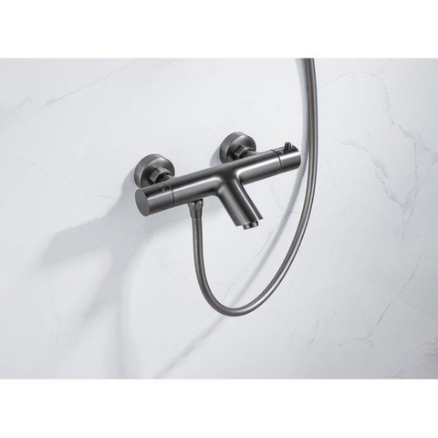Fortifura Calvi Thermostatische badkraan - met ronde handdouche handdouchehouder en gladde doucheslang - PVD - geborsteld gunmetal (antraciet) SW811976
