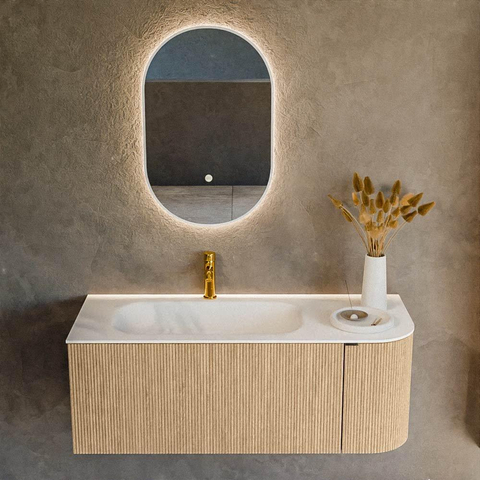 MONDIAZ KURVE meuble de salle de bains 115cm avec module 25 R couleur chêne avec 1 tiroir et 1 porte. Lavabo BIG SMALL gauche 1 trou de robinet Talc. SW1138173