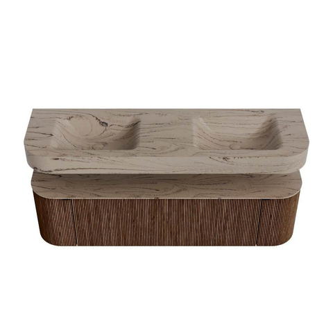 MONDIAZ THOR-DLUX 160cm meuble de salle de bains arrondi gauche + droite couleur Walnut avec 1 tiroir et 2 portes. Vasque suspendue CLOUD Double sans trou de robinet couleur Arena. SW1465144