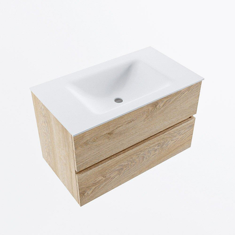MONDIAZ VICA meuble sous lavabo 80cm Chêne blanchi 2 tiroirs. Lavabo CLOUD centre 1 trou de robinet, couleur Talc. SW1381796