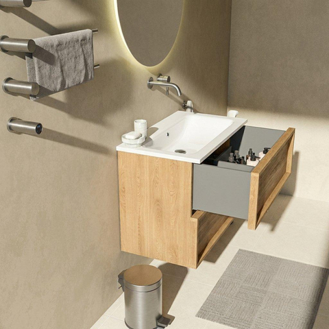 Saniclass Holz Frame Badkamermeubelset - 80x45x77.5cm - Torino solid surface wastafel wit - zonder kraangat - 2 lades - mat eiken natural (hout) SW1579915