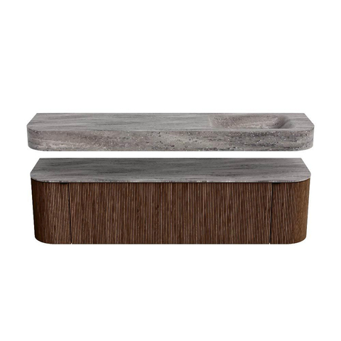 MONDIAZ THOR-DLUX 170cm badmeubel ronding links + rechts kleur Walnut met 1 lade en 2 deuren. Vrijhangende wastafel CLOUD Rechts zonder kraangat kleur Oza. SW1465682