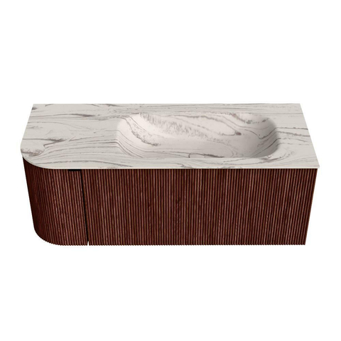 MONDIAZ KURVE-DLUX Meuble de salle de bains 115cm arrondi à gauche couleur Ruby avec 1 tiroir et 1 porte. Lavabo BIG SMALL à droite sans trou de robinet Nata. SW1432530