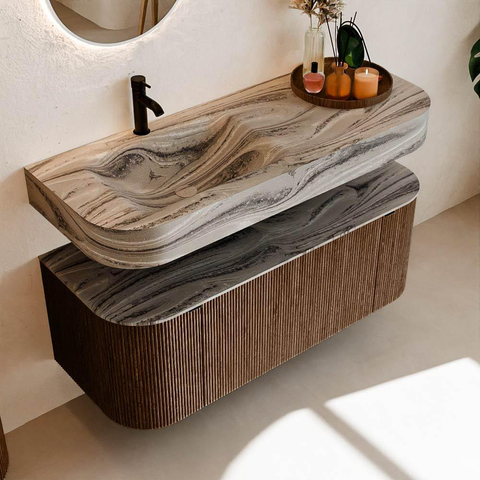 MONDIAZ THOR-DLUX 120cm badmeubel ronding links + rechts kleur Walnut met 1 lade en 2 deuren. Vrijhangende wastafel CLOUD Links 1 kraangat kleur Sombra. SW1463629
