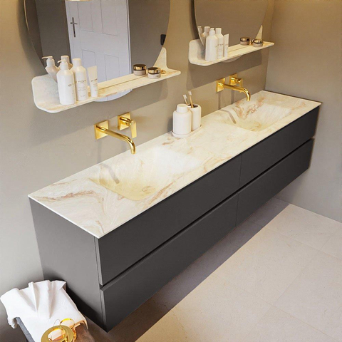 MONDIAZ VICA-DLUX Ensemble meuble de salle de bains - 200cm - meuble sous-vasque dark grey - 4 tiroirs - lavabo encastré cloud double - sans trous de robinet - version haute 60cm - frape SW1088892