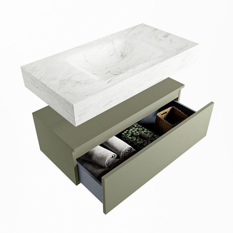 Mondiaz ALAN-DLUX Ensemble de meuble - 90cm - meuble Army mat - 1 tiroir - Lavabo Cloud Opalo suspendu - vasque Centre - 1 trou de robinet SW806627