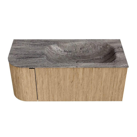 MONDIAZ KURVE-DLUX Meuble de salle de bains 105cm arrondi Gauche couleur Chêne avec 1 tiroir et 1 porte. Lavabo BIG SMALL Droite 1 trou de robinet Oza. SW1432639