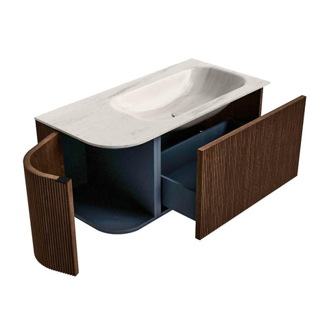 MONDIAZ KURVE-DLUX Meuble de salle de bains 95cm arrondi à gauche couleur Walnut avec 1 tiroir et 1 porte. Lavabo BIG SMALL à droite 1 trou de robinet Meli. SW1431678