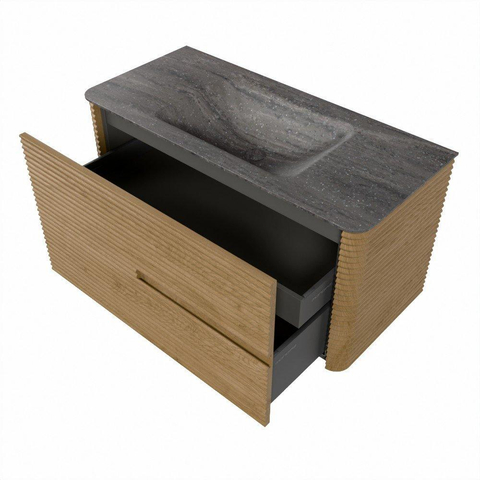 Mondiaz CIRO-DLUX Meuble de salle de bains - 100x45x50cm - Plan-vasque Solid surface Oza - 1 vasque au milieu - sans trous de robinet - 2 tiroirs - Chêne SW1531099