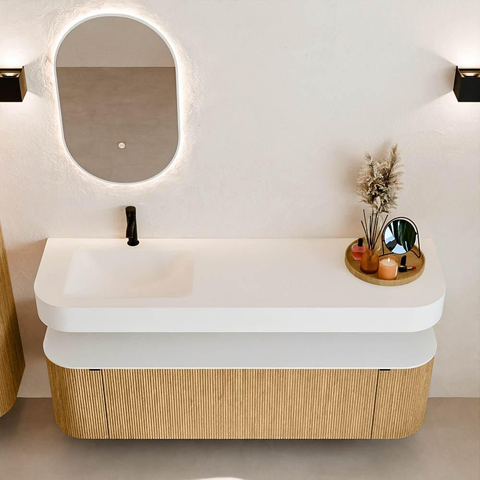 MONDIAZ THOR 160cm badmeubel ronding links + rechts kleur Oak met 1 lade en 2 deuren. Vrijhangende wastafel CLOUD Links 1 kraangat kleur Talc. SW1464929