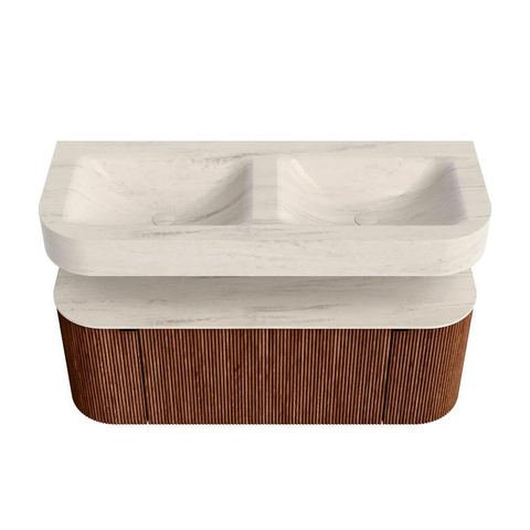 MONDIAZ THOR-DLUX 120cm meuble de salle de bains arrondi gauche + droite couleur Ruby avec 1 tiroir et 2 portes. Vasque suspendue CLOUD Double sans trou de robinet couleur Meli. SW1463312