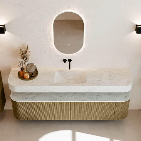 MONDIAZ THOR-DLUX Meuble de salle de bains - 190cm - arrondi gauche + droite - couleur Dusk - 2 tiroirs et 2 portes - Vasque suspendue CLOUD Milieu sans trou de robinet - couleur Opalo SW1466478