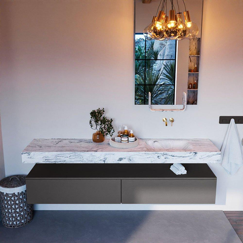 MONDIAZ ALAN - DLUX Ensemble meuble de salle de bains - 200cm - meuble bas - gris foncé - 2 tiroirs - lavabo suspendu - vasque à droite - 0 trous de robinet - Glace SW804775